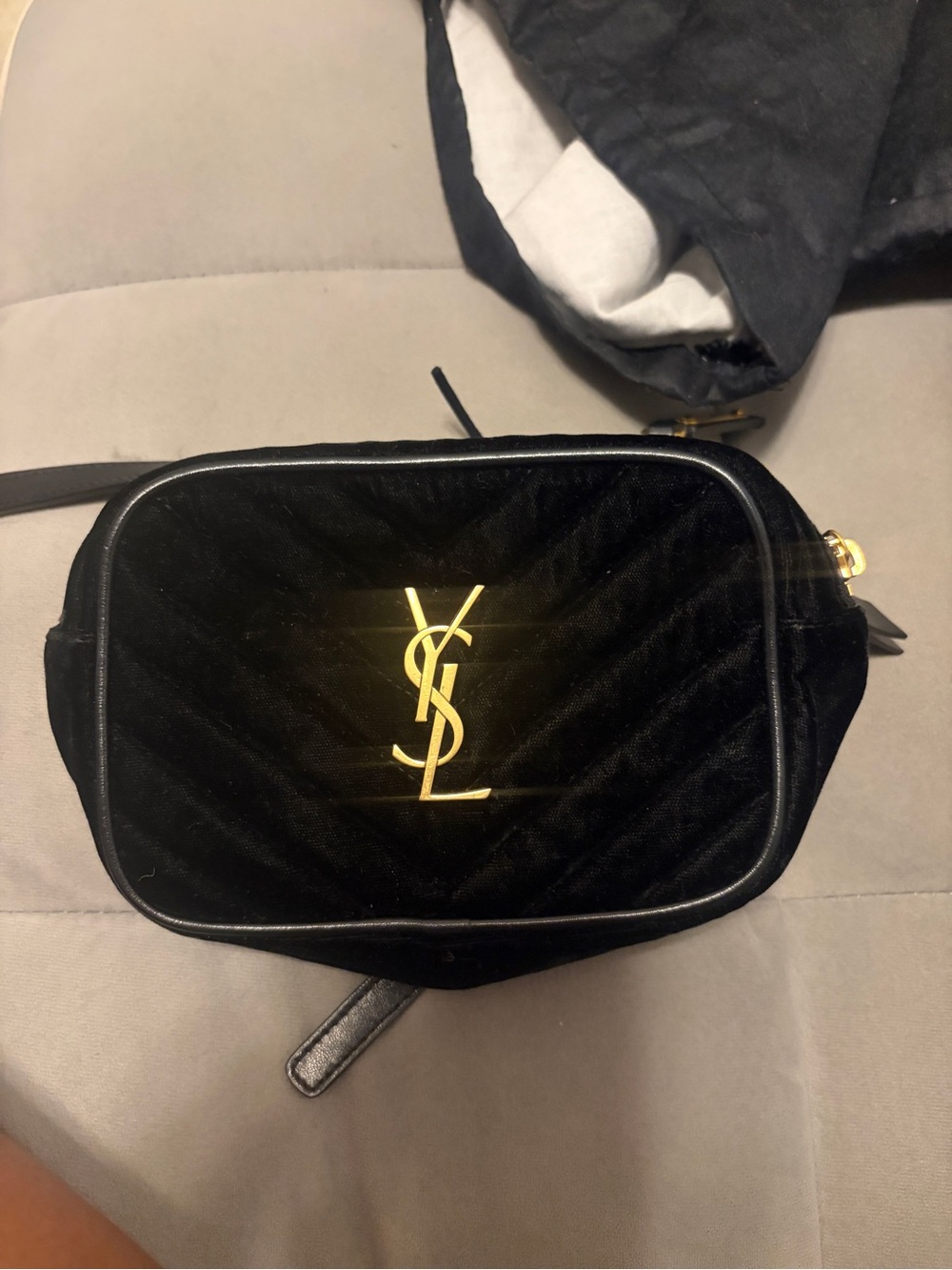 Saint Laurent Black Velvet Quilted Belt Bag with Gold YSL Logo